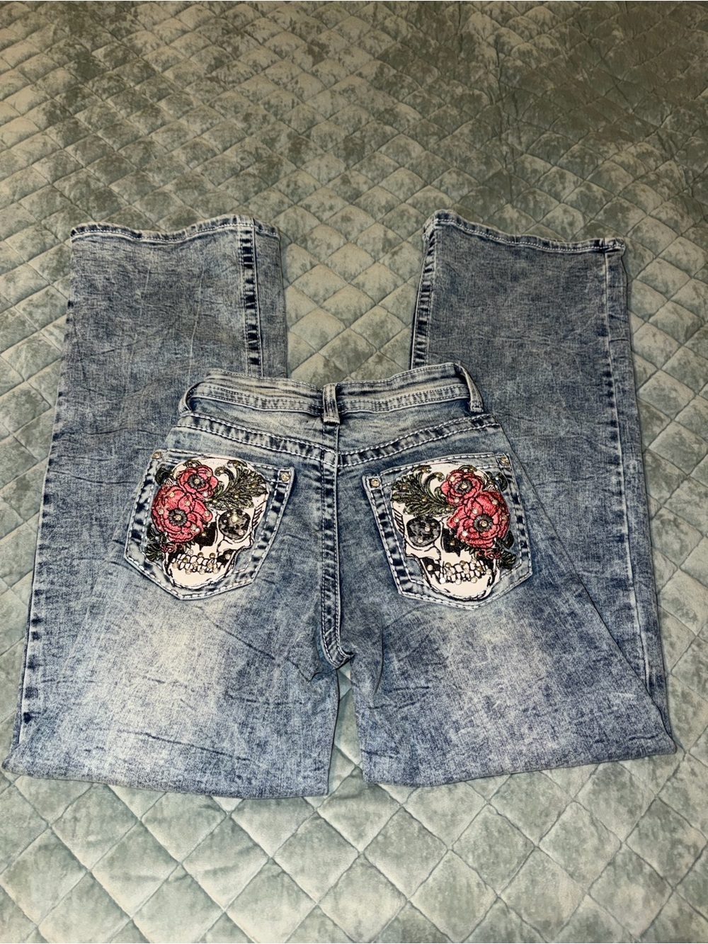 Telepatia Embellished Acid Washed Jeans with Floral Skull Back Pockets wide leg